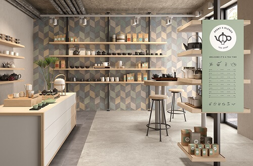 Cucina con piastrelle a forma di diamante