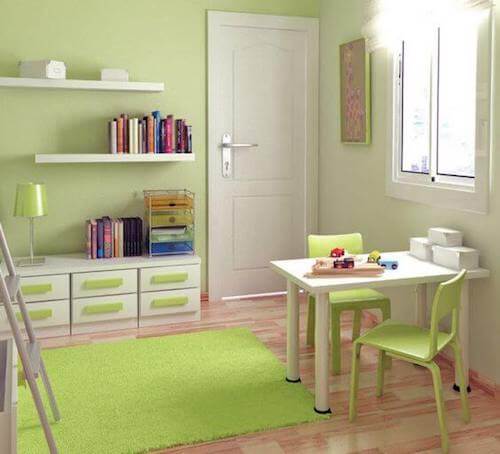 cameretta bambini pareti sedie tappeto lampada verde pistacchio