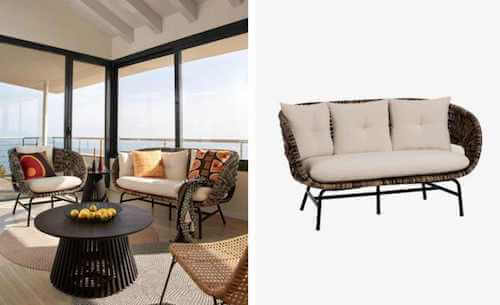 Divano con braccioli e seduta in rattan modello Lin.