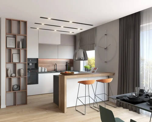 Cucina con i toni del legno.